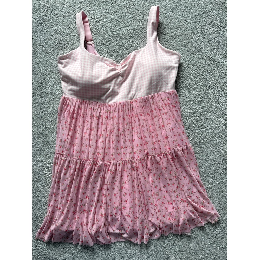 Blogilates Pink Gingham Floral Tiered Babydoll Dress with Built-in Shorts 1X